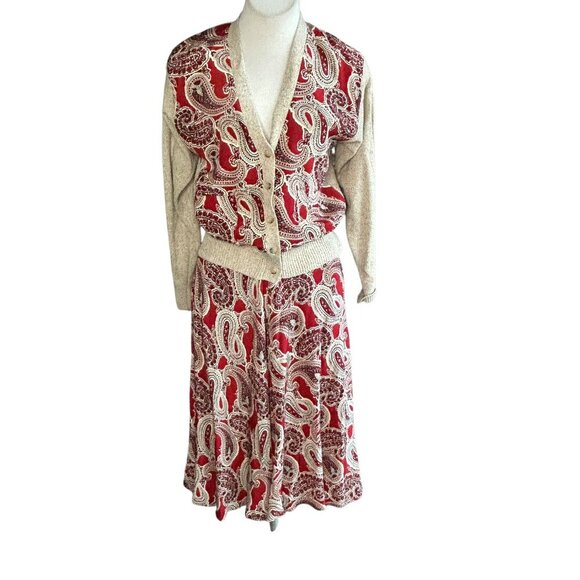 Ralph Lauren Vintage 90s Red Paisley Sweater and Skirt Outfit Size 4 - Picture 1 of 12